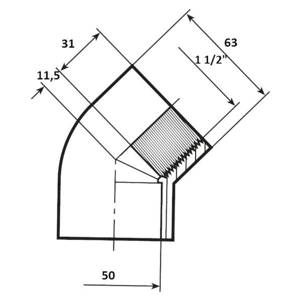 Угол 45 переход 50мм x 1 1/2" ВР Aquaram (120H) (7302050)