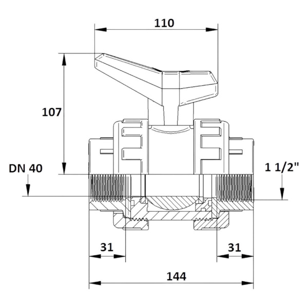 Кран шаровой 1 1/2" DN40 Aquaram HDPE-EPDM (24I) (1020050)
