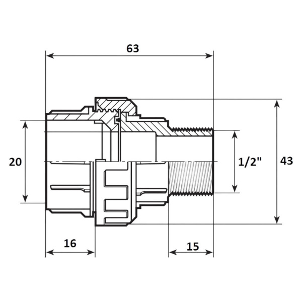 Муфта разъемная 20мм x 1/2" НР Aquaram без резинового уплотнения (25A) (7404020)