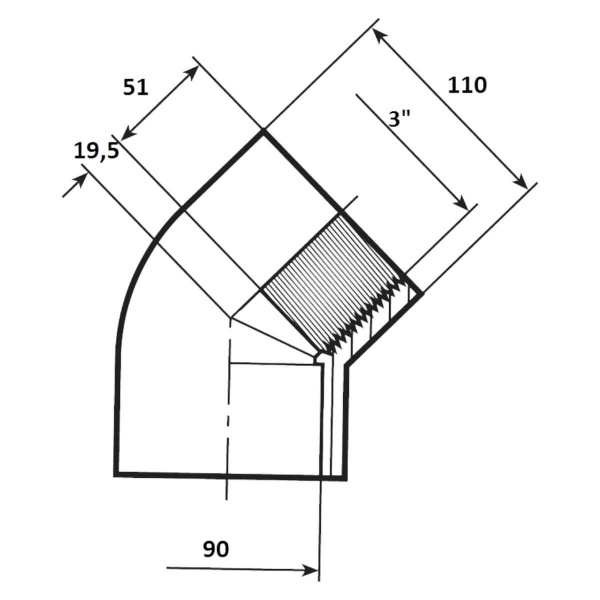 Угол 45° переход  90мм x 3" ВР Aquaram (26H) (7302090)