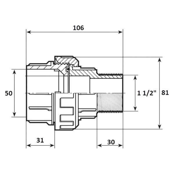 Муфта разъемная 50мм x 1 1/2" НР Aquaram без резинового уплотнения (75S) (7404050)