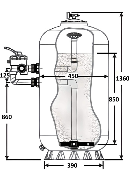 Фильтр   8м3/ч Laswim WL-BDG 450мм М0,85 с боковым вентилем 1 1/2" (WL-BDG13450)